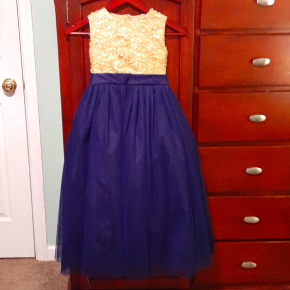 Flower Girl Dress, Handmade Custom Made, Navy Gold Pearl & Sequin Embellishments